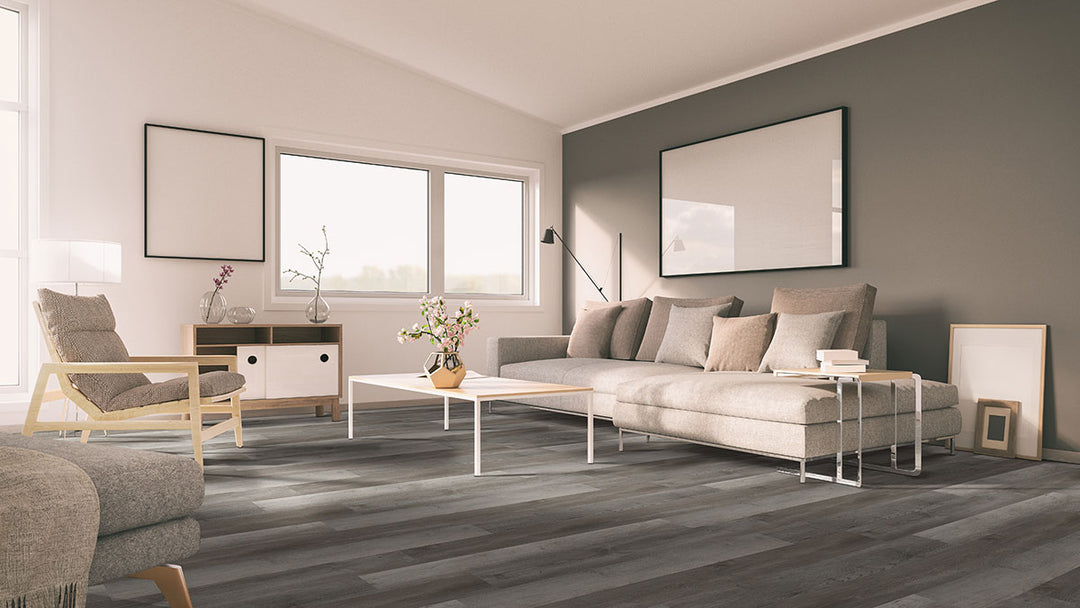 Peaceful room highlighted by Katavia Woodrift Gray 6X48 flooring, showcasing subtle grain patterns and cool undertones.