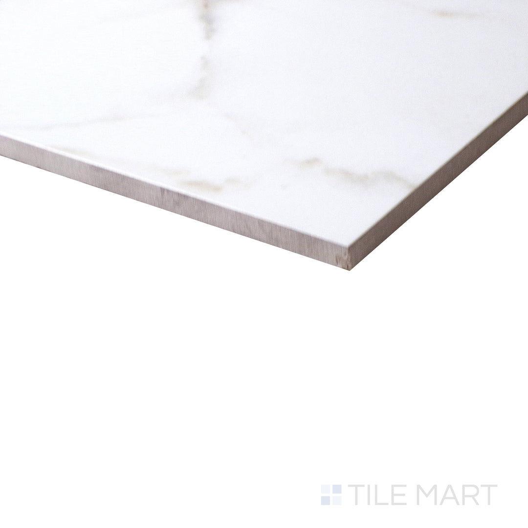 Corner shot of KAYA CALACATTA LUCCA 12X24 MATTE PORCELAIN TILE with a MATTE finish, highlighting the precision of the product's edge and the substantial thickness.