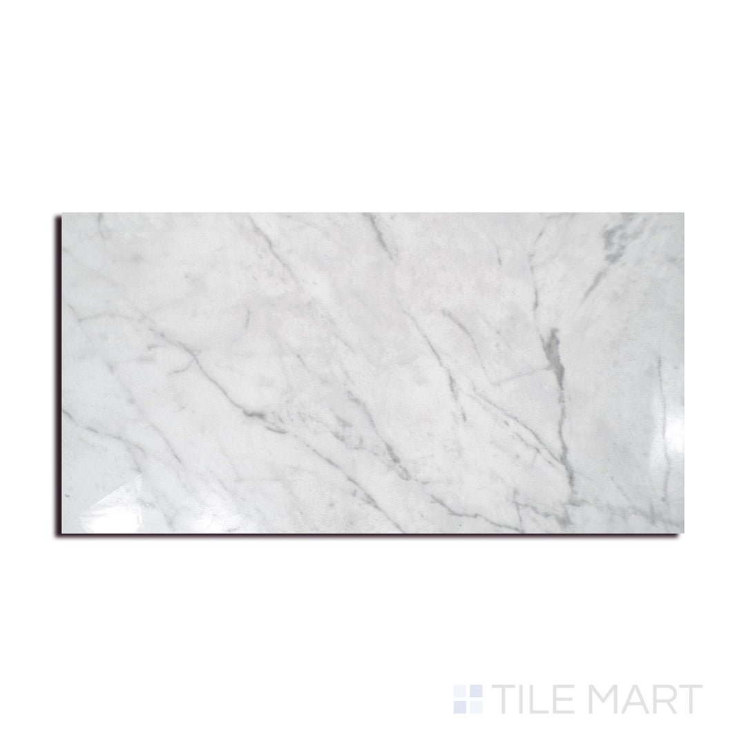 Angled shot of KAYA CALACATTA LUCCA 12X24 POLISHED PORCELAIN TILE with a POLISHED finish, demonstrating the material's surface and texture with a diagonal shot.