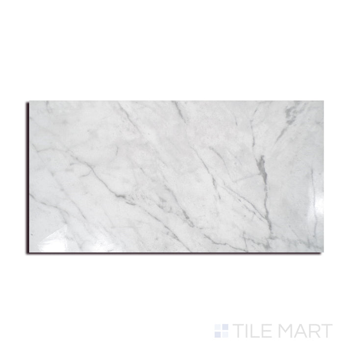 Angled shot of KAYA CALACATTA LUCCA 12X24 POLISHED PORCELAIN TILE with a POLISHED finish, demonstrating the material's surface and texture with a diagonal shot.