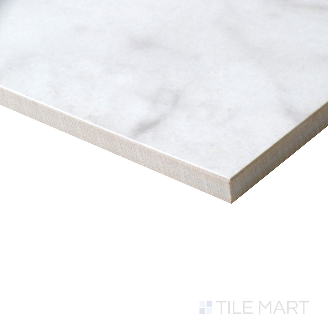 Corner shot of KAYA CARRARA BIANCO 12X24 MATTE PORCELAIN TILE with a MATTE finish, showing the robust material and finely finished edge through a focused corner view.