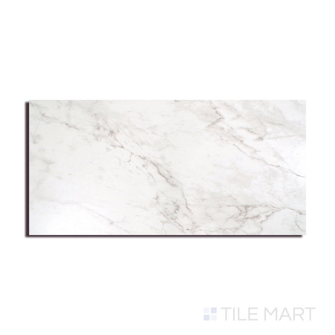 Angled shot of KAYA CARRARA BIANCO 12X24 POLISHED PORCELAIN TILE with a POLISHED finish, revealing the depth of the product with a skewed visual perspective.