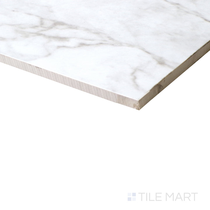 Corner shot of KAYA CARRARA BIANCO 12X24 POLISHED PORCELAIN TILE with a POLISHED finish, emphasizing the layered construction and the product's distinct edge design.