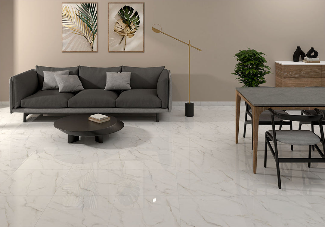 Displaying the refined texture of KAYA CALACATTA LUCCA 24X24 MATTE PORCELAIN TILE with a MATTE finish, enhancing the minimalist design with its sleek appearance.