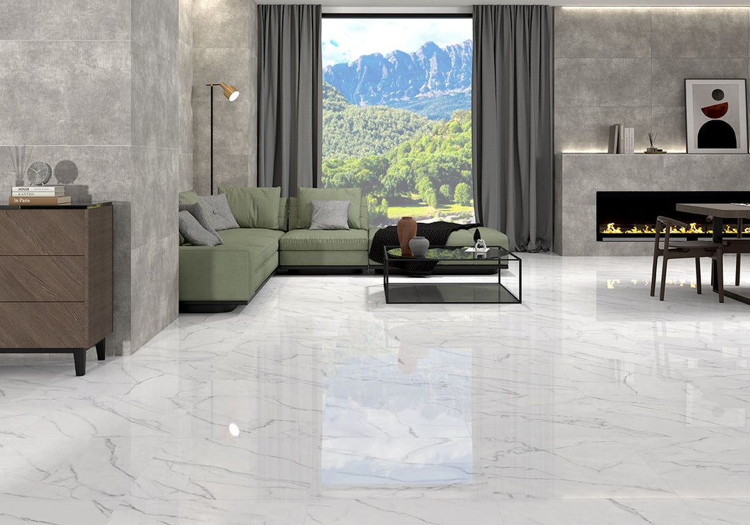 Showcasing the versatile design of KAYA CALCATTA VENATO 24X24 POLISHED PORCELAIN TILE with a POLISHED finish, enhancing the minimalist design with its sleek appearance.