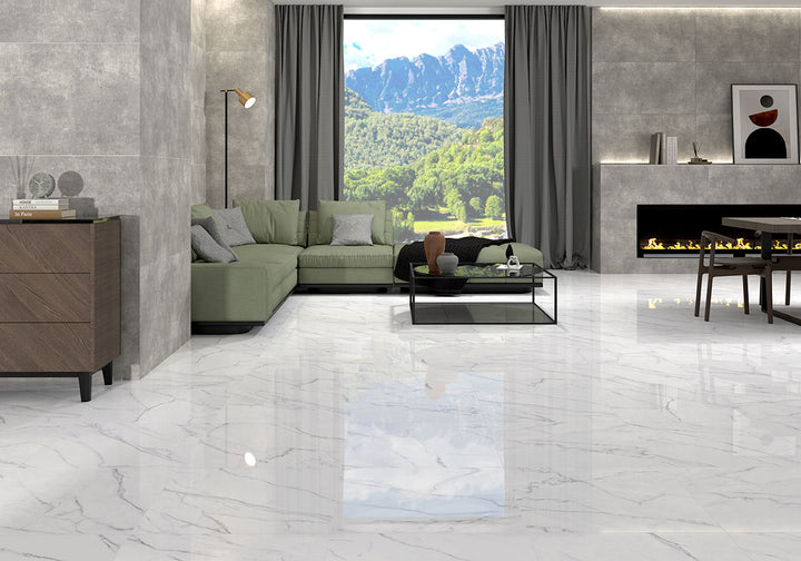 Showcasing the versatile design of KAYA CALCATTA VENATO 24X24 POLISHED PORCELAIN TILE with a POLISHED finish, enhancing the minimalist design with its sleek appearance.