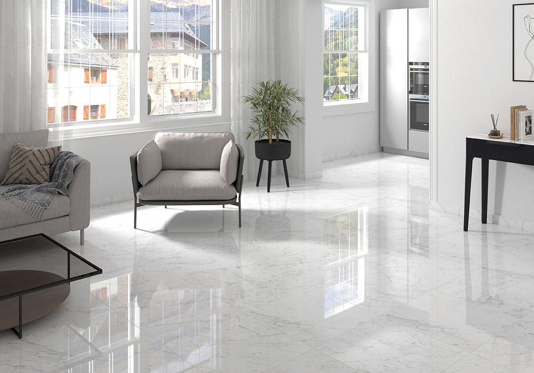 Emphasizing the beauty of KAYA CARRARA BIANCO 24X24 MATTE PORCELAIN TILE with a MATTE finish, adding a touch of warmth and texture to the space.