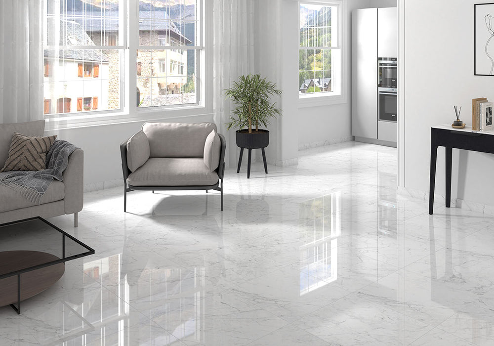 Bringing focus to the sophisticated look of KAYA CARRARA BIANCO 24X24 POLISHED PORCELAIN TILE with a POLISHED finish, enhancing the minimalist design with its sleek appearance.
