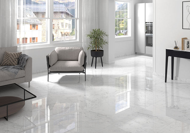 Bringing focus to the sophisticated look of KAYA CARRARA BIANCO 24X24 POLISHED PORCELAIN TILE with a POLISHED finish, enhancing the minimalist design with its sleek appearance.