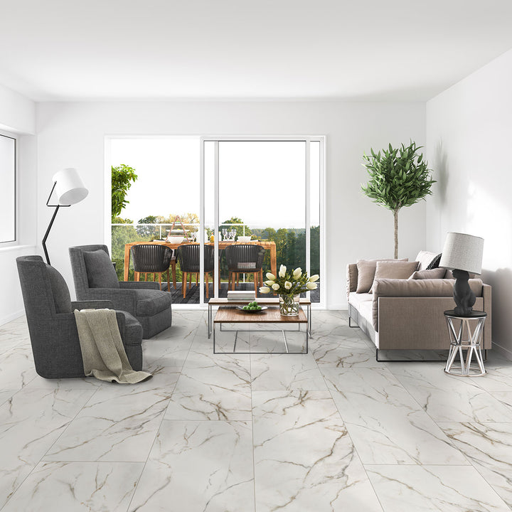 Emphasizing the beauty of KAYA CALACATTA LUCCA 24X48 MATTE PORCELAIN TILE with a MATTE finish, complementing the contemporary décor with modern flair.