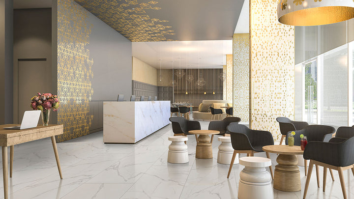 Polished to perfection, Kaya Calacatta Venato 24x48 porcelain tiles create a striking visual impact with bold, natural veining.