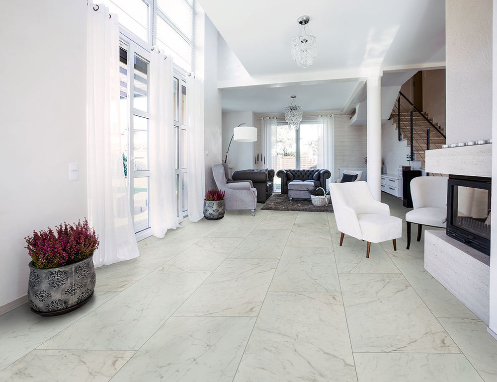 Showcasing the versatile design of KAYA CARRARA BIANCO 24X48 MATTE PORCELAIN TILE with a MATTE finish, creating a relaxed atmosphere with its serene presence.