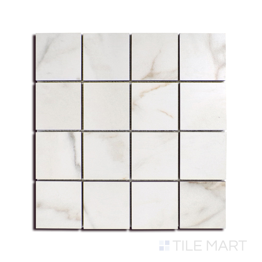 Angled shot of KAYA CALACATTA LUCCA 3X3 MATTE PORCELAIN MOSAIC with a MATTE finish, displaying the fine craftsmanship and layered design from a different angle.