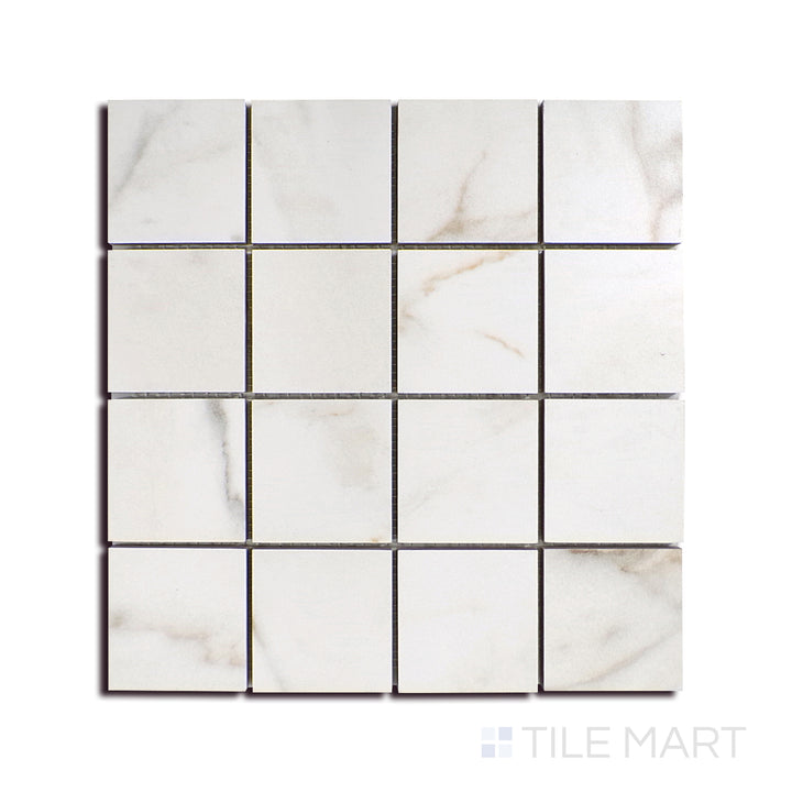 Angled shot of KAYA CALACATTA LUCCA 3X3 MATTE PORCELAIN MOSAIC with a MATTE finish, displaying the fine craftsmanship and layered design from a different angle.