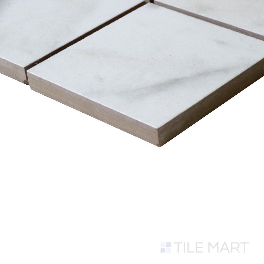 Corner shot of KAYA CALACATTA LUCCA 3X3 MATTE PORCELAIN MOSAIC with a MATTE finish, emphasizing the layered construction and the product's distinct edge design.