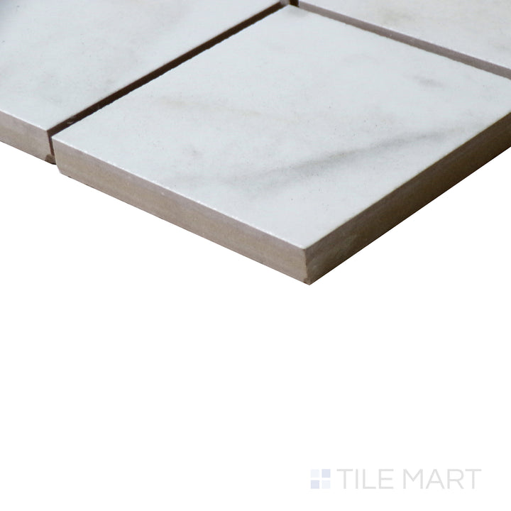 Corner shot of KAYA CALACATTA LUCCA 3X3 MATTE PORCELAIN MOSAIC with a MATTE finish, emphasizing the layered construction and the product's distinct edge design.