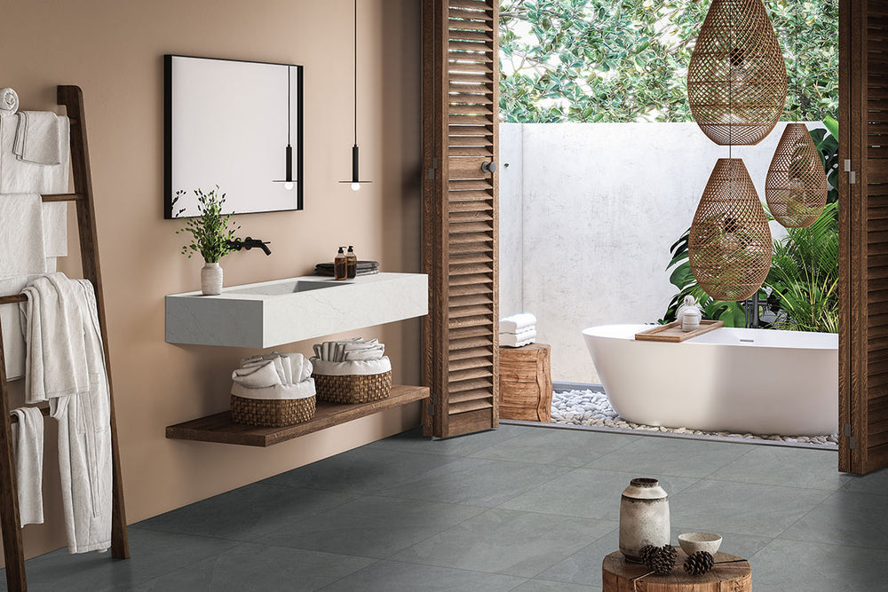Emphasizing the beauty of LEGIONS MIDNIGHT MONTAGE 24X24 PORCELAIN TILE with a MATTE finish, creating a relaxed atmosphere with its serene presence.