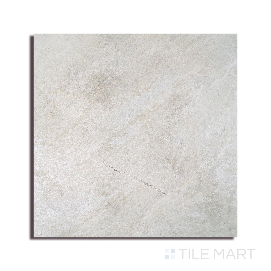 Angled shot of LEGIONS QUARTZ WHITE 24X24 PORCELAIN TILE with a MATTE finish, revealing the depth of the product with a skewed visual perspective.