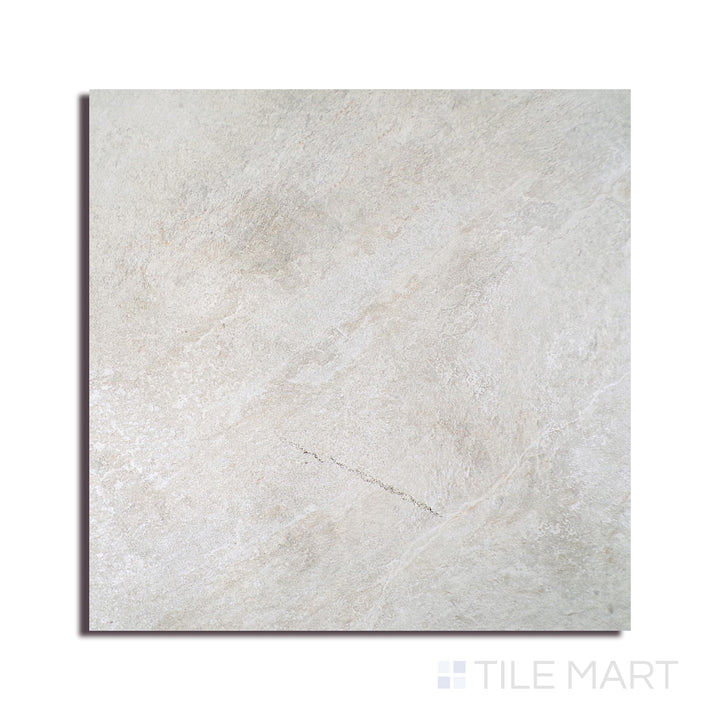 Angled shot of LEGIONS QUARTZ WHITE 24X24 PORCELAIN TILE with a MATTE finish, revealing the depth of the product with a skewed visual perspective.