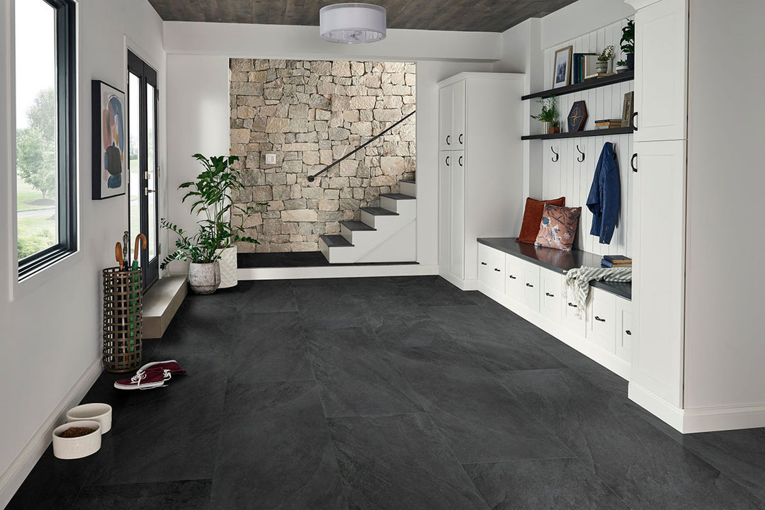 A dark-toned matte porcelain tile with contemporary styling creates a dramatic and modern ambiance, enhanced by Legion Midnight Montage 24x48 matte porcelain.