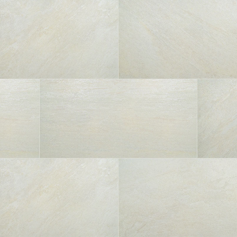 Top-down view of LEGIONS QUARTZ WHITE 24X48 in PORCELAIN TILE with a MATTE finish, showcasing the detailed finish and surface pattern.