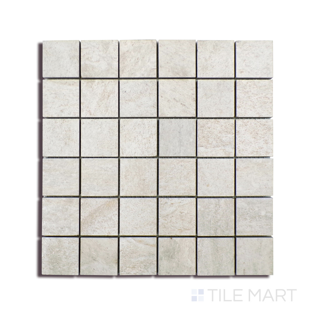 Angled shot of LEGIONS QUARTZ WHITE 2X2 MATTE MOSAIC PORCELAIN MOSAIC with a MATTE finish, displaying the fine craftsmanship and layered design from a different angle.