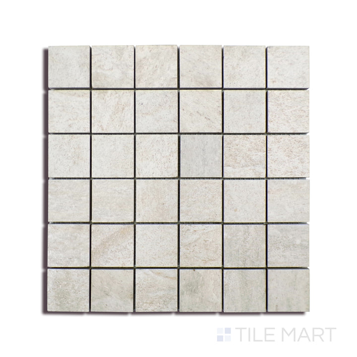 Angled shot of LEGIONS QUARTZ WHITE 2X2 MATTE MOSAIC PORCELAIN MOSAIC with a MATTE finish, displaying the fine craftsmanship and layered design from a different angle.