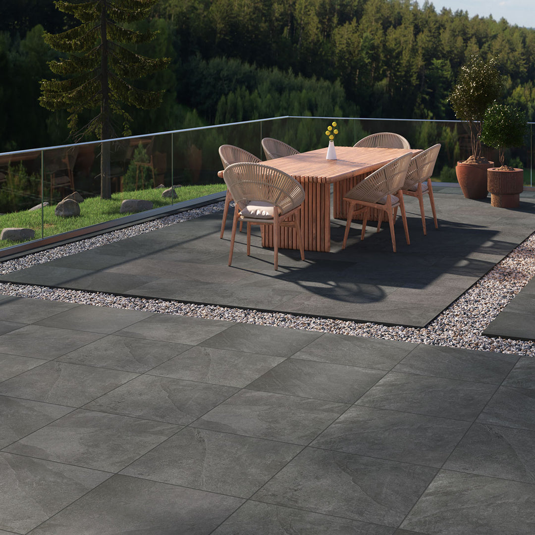 Presenting the stylish aesthetic of LEGIONS MONTAUK BLACK 24X24 PAVER PORCELAIN PAVER with a MATTE finish, complementing the contemporary décor with modern flair.