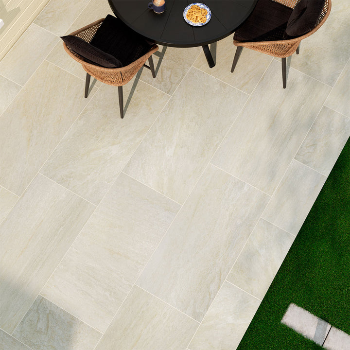 Legion White-Cool 24x48 paver porcelain tiles bring a crisp and airy feel, featuring a matte finish for a refined touch.