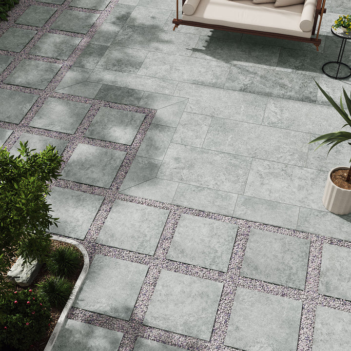 A subtle gray matte paver with soft textures provides a balanced and modern touch, seamlessly integrated with Legion Gray-Light 24x24 paver matte porcelain.