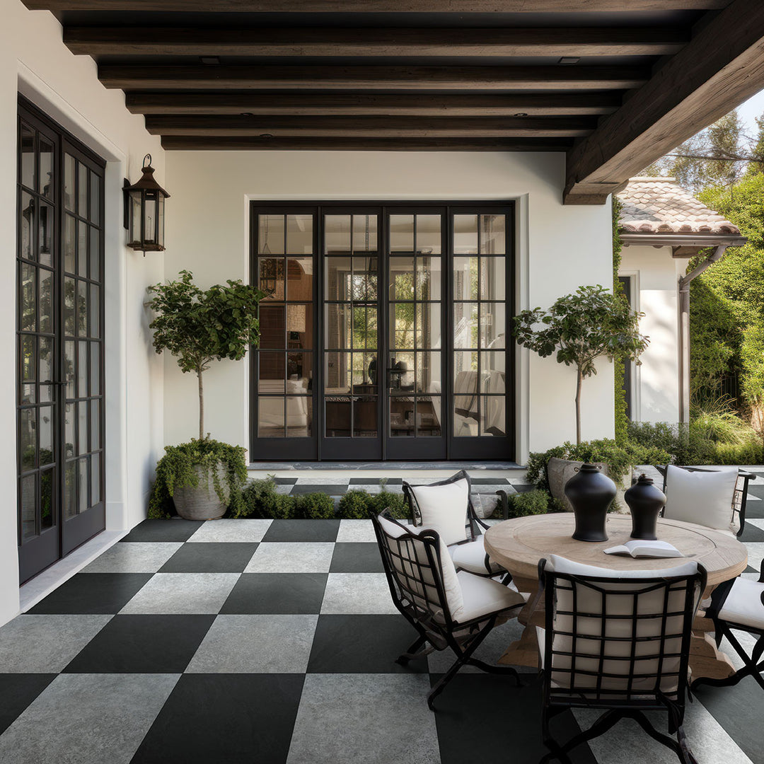 Contemporary patio with Legion Gray-Light 24x24 paver matte porcelain, creating a sleek and inviting ambiance.