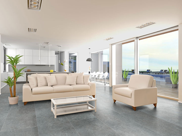 Showcasing the versatile design of LUNAR SILVER 24X48 MATTE PORCELAIN TILE with a MATTE finish, adding a touch of warmth and texture to the space.