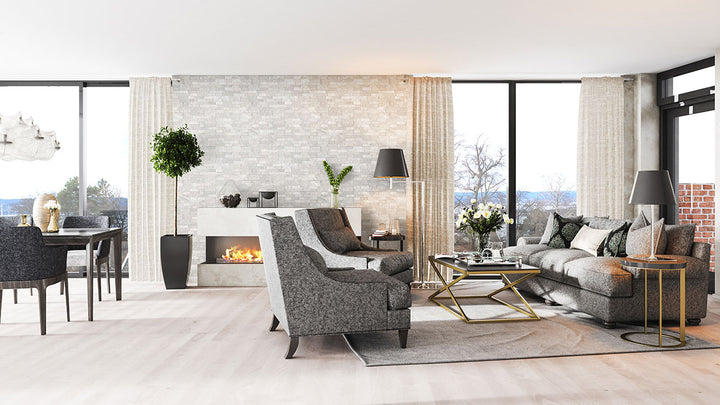 Soft white hues and a rugged splitface finish add timeless elegance with Rockmount White 6x24 stacked stone panels in limestone.