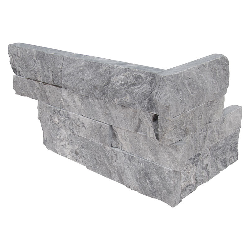 Top-down view of GLACIAL GREY MARBLE LEDGER CORNER in MARBLE PANEL with a SPLITFACE finish, featuring the intricate surface characteristics and refined finish.