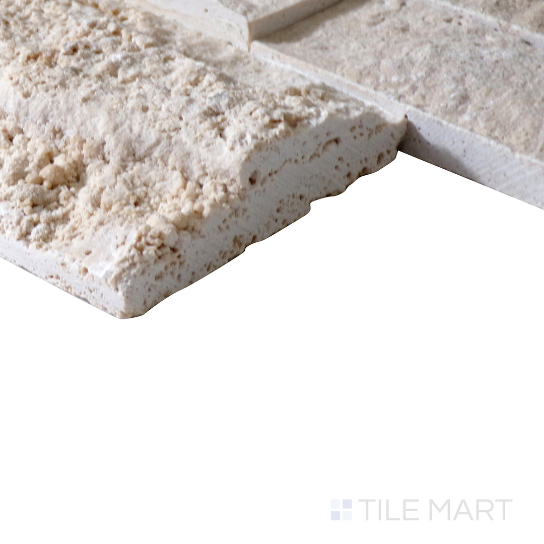 Corner shot of PHILADELPHIA 6x24 PANEL  TRAVERTINE PANEL with a SPLITFACE finish, capturing the thickness and material depth from an angled corner perspective.