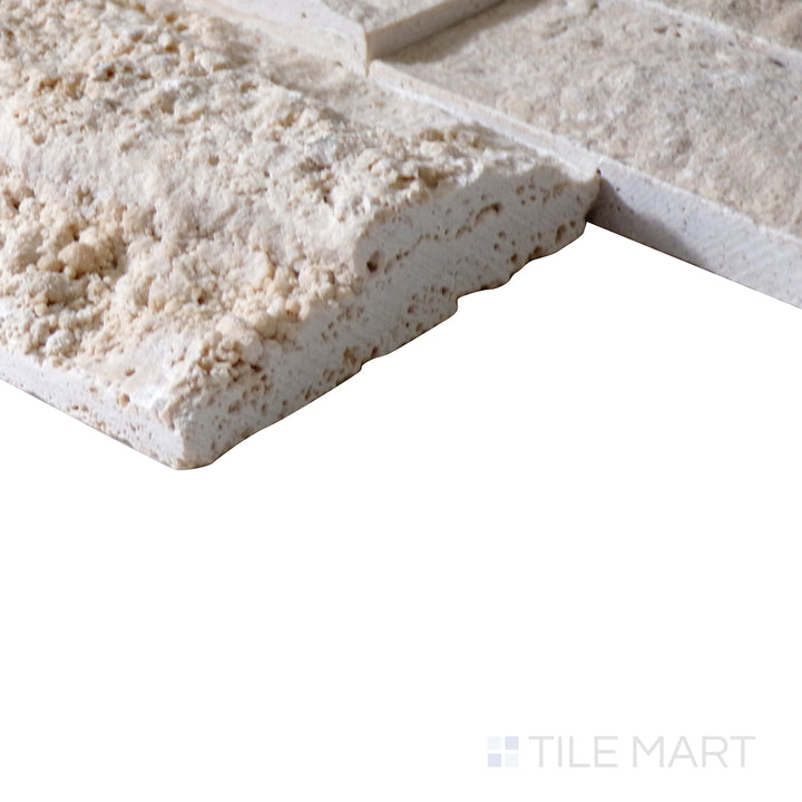 Corner shot of PHILADELPHIA 6x24 PANEL  TRAVERTINE PANEL with a SPLITFACE finish, capturing the thickness and material depth from an angled corner perspective.
