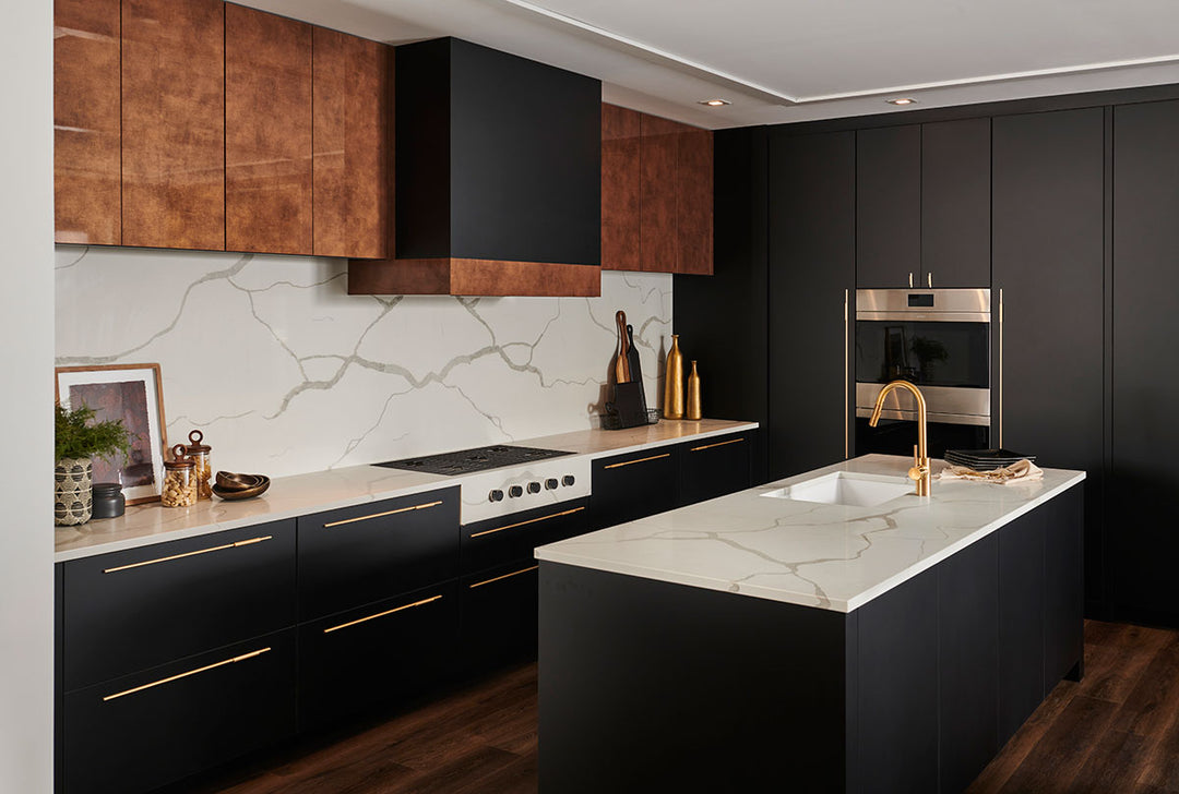 Modern setup enhanced by Prescott Barrel 7X48 flooring with deep brown tones for a bold finish.