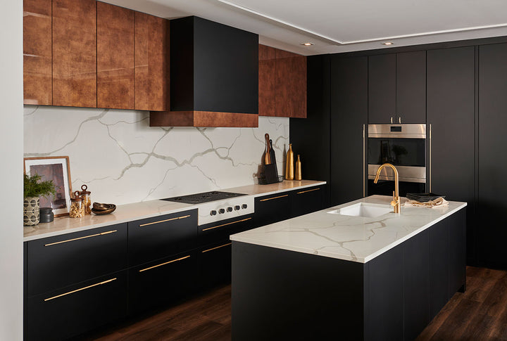 Modern setup enhanced by Prescott Barrel 7X48 flooring with deep brown tones for a bold finish.