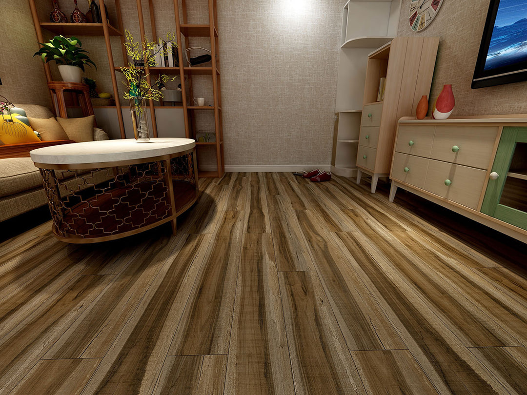 Inviting room design highlighted by Prescott Exotika 7X48 flooring, with its rich, dark finish.