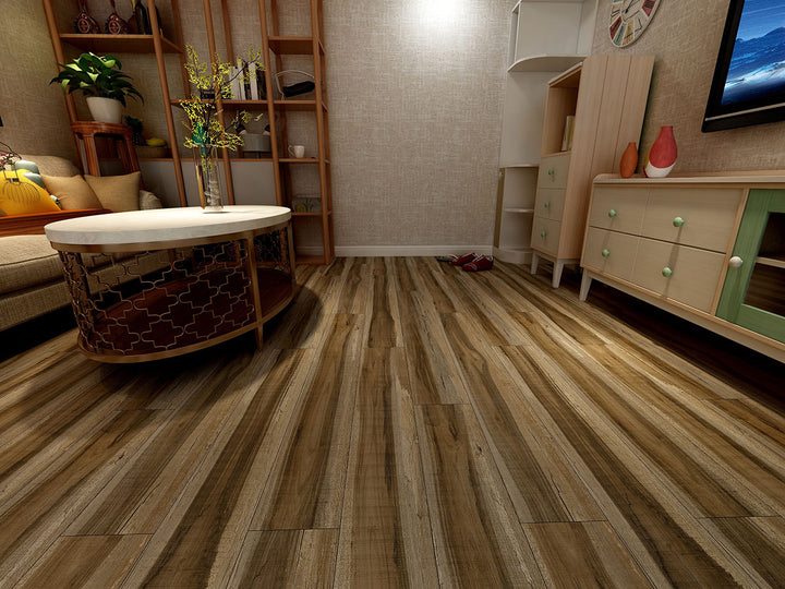 Inviting room design highlighted by Prescott Exotika 7X48 flooring, with its rich, dark finish.