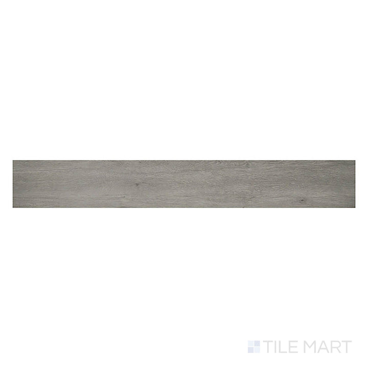 Prescott Grayton 7x48 low gloss luxury vinyl plank, seen from the top, showcases sleek gray wood visuals with subtle grain lines.