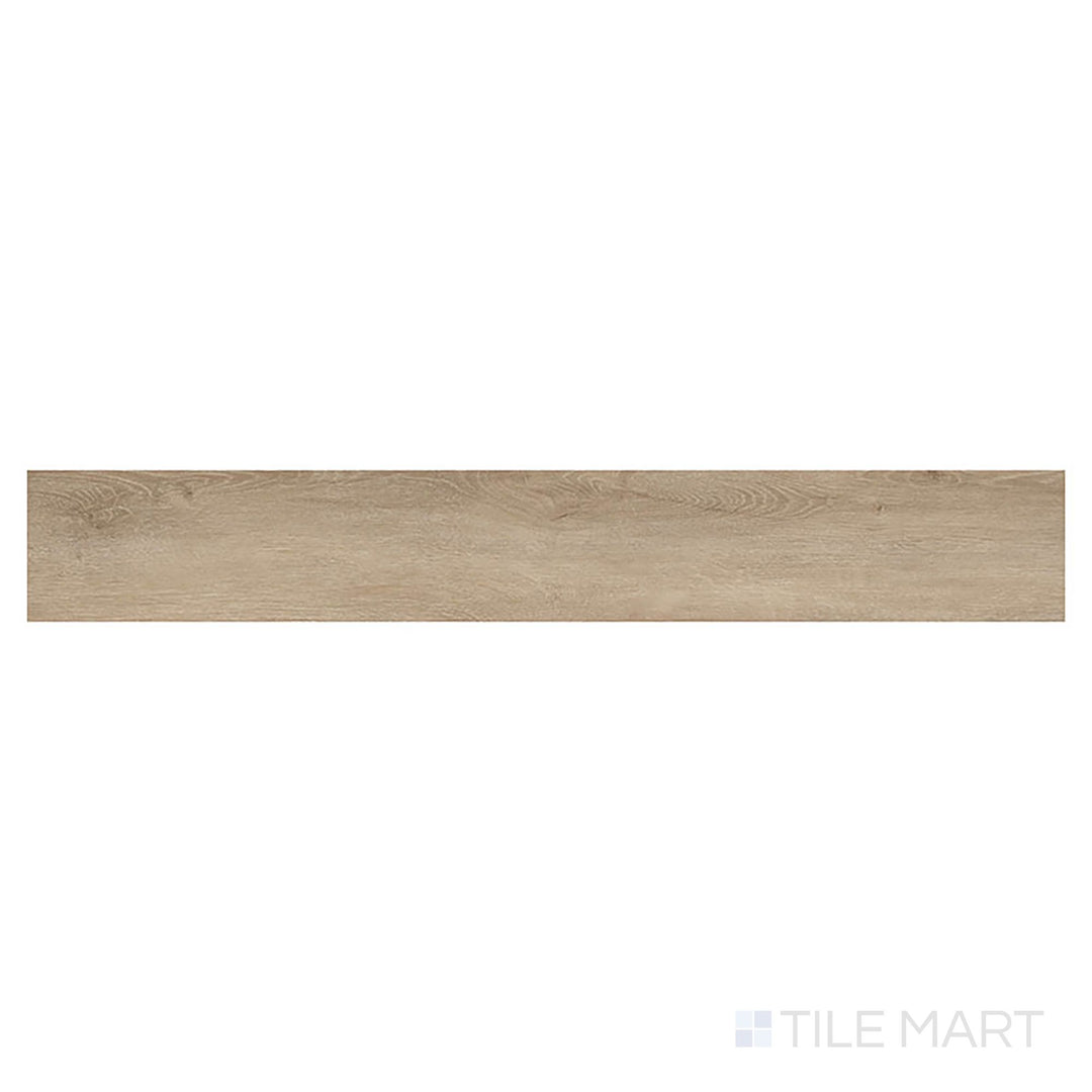 Prescott Sandino 7x48 low gloss luxury vinyl plank, as seen from above, features golden brown hues and a rustic wood texture.