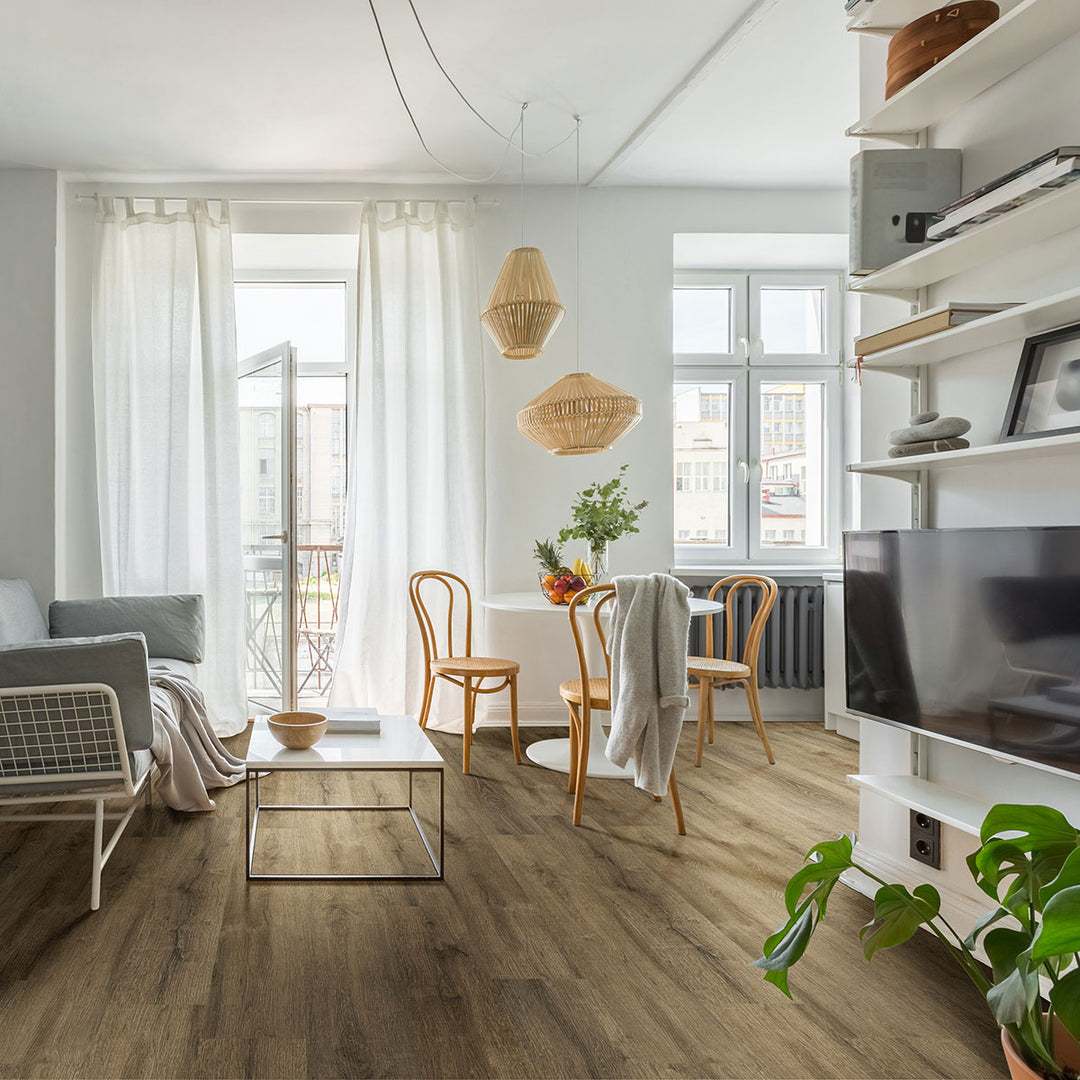 Stylish room with Prescott Walnut Waves 7X48 Low Gloss Luxury Vinyl Plank flooring.