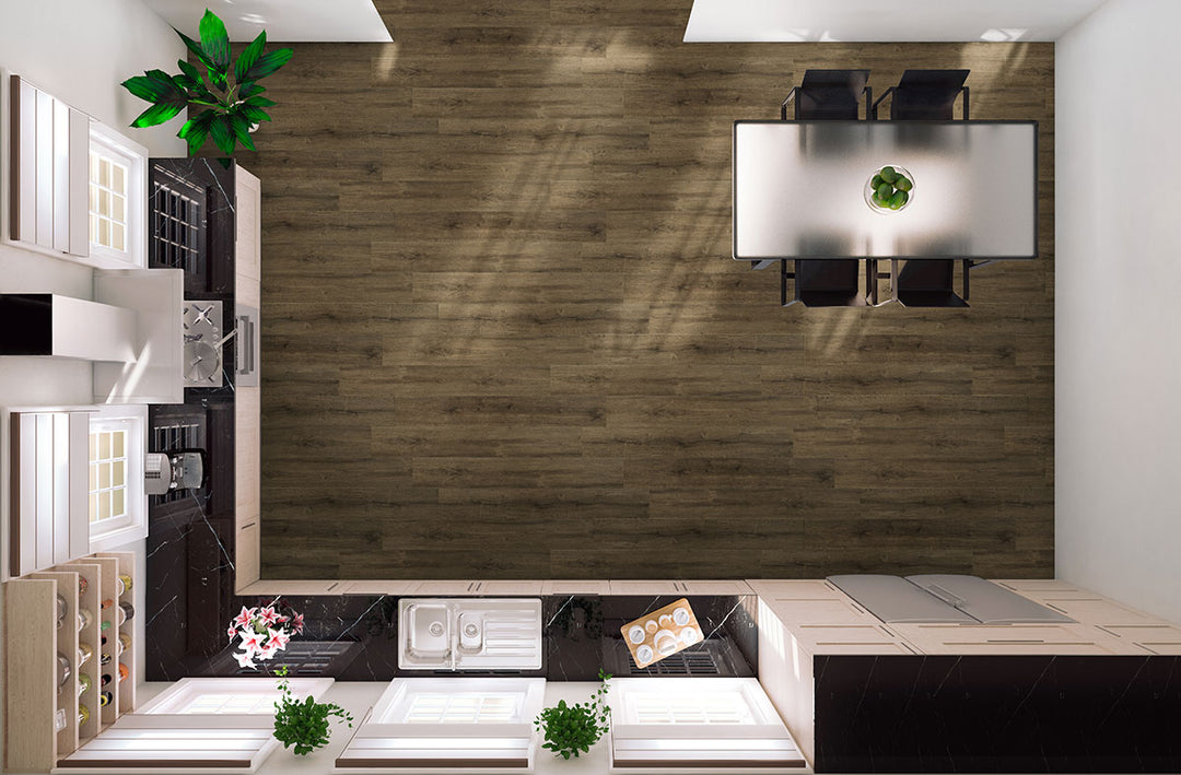 Classic design space featuring Prescott Walnut Waves 7X48 flooring with a rich, woodgrain finish.