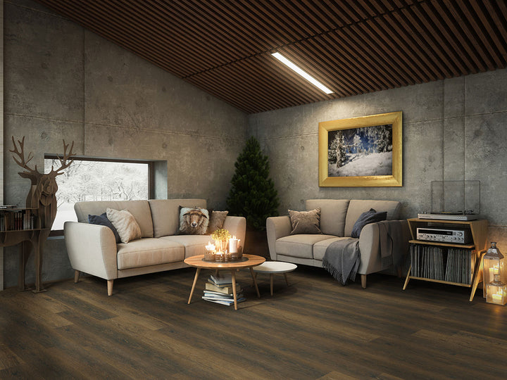 Modern space grounded by Prescott XL Barrel 9X60 flooring, blending deep tones with natural textures.