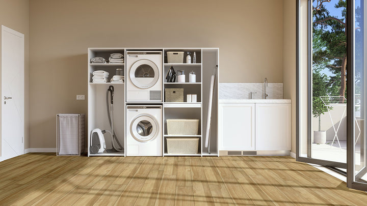 Prescott XL Brookline 9X60 Low Gloss Luxury Vinyl Plank flooring featured in a bright interior.