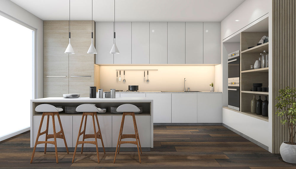 Room scene with Prescott XL Hawthorne 9X60 Low Gloss Luxury Vinyl Plank flooring.