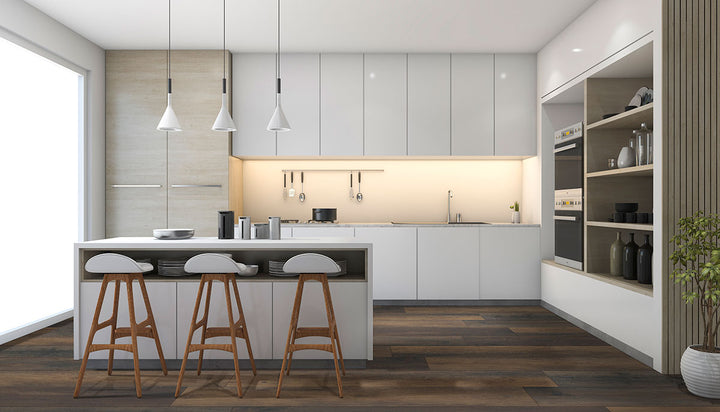 Room scene with Prescott XL Hawthorne 9X60 Low Gloss Luxury Vinyl Plank flooring.