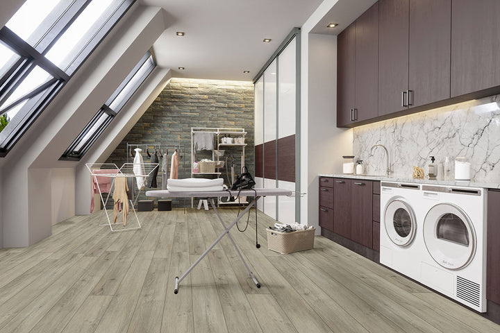 Chic modern space featuring Prescott XL Kardigan 9x60 low gloss vinyl planks, with subtle gray-brown tones and natural texture for a sophisticated, transitional look.