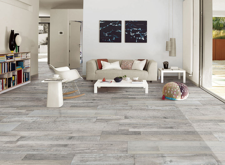 Open layout showcasing Prescott XL Mezcla 9X60 flooring, delivering a rustic yet refined ambiance.
